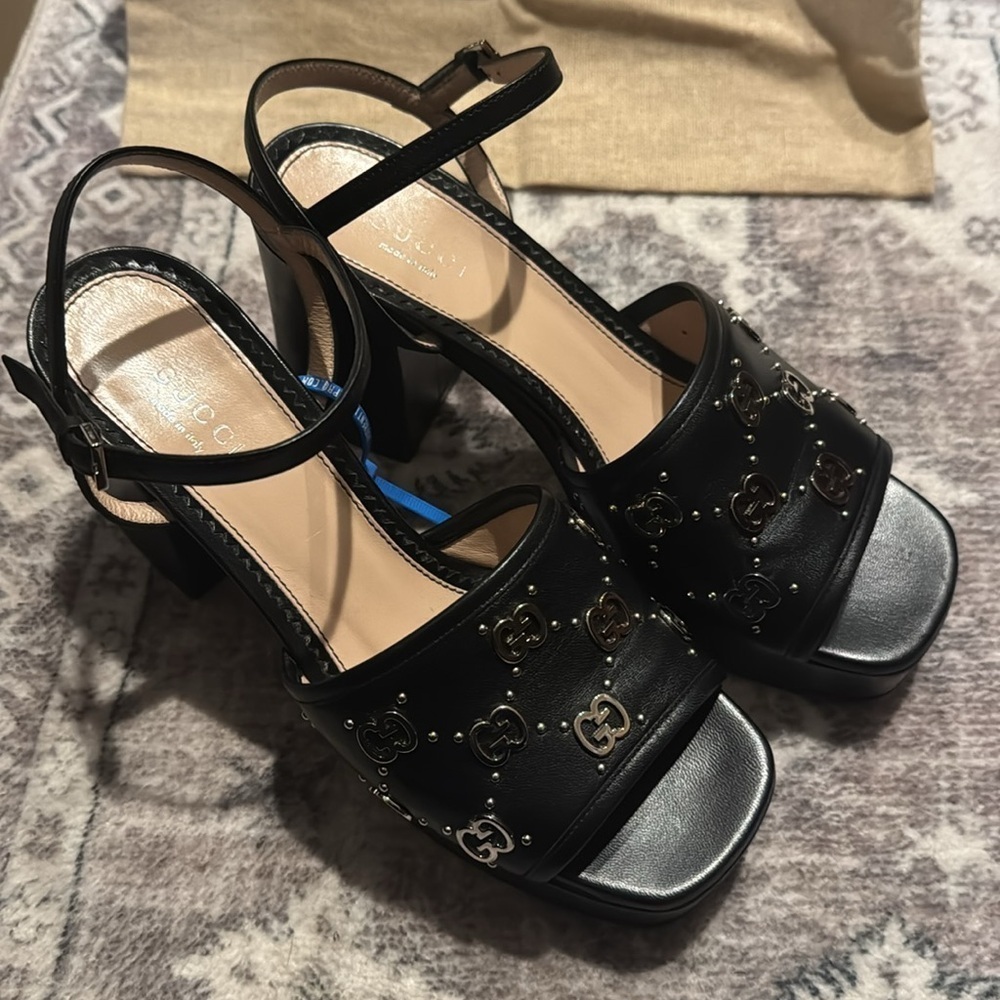 Gucci Black Studded Heels leather size 6 Authentic Janaya GG logo - Picture 2 of 12